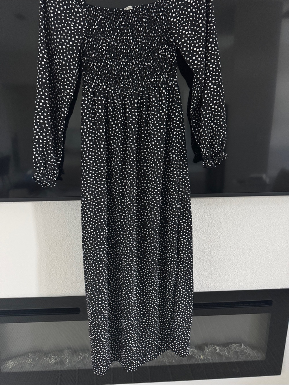 stradivarius Black and White Polka Dot Smocked Maxi Dress